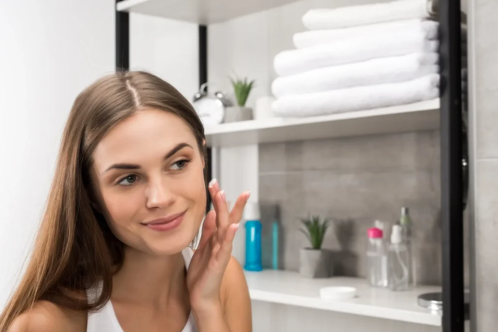 Beautiful woman with clear skin applying cream on face
