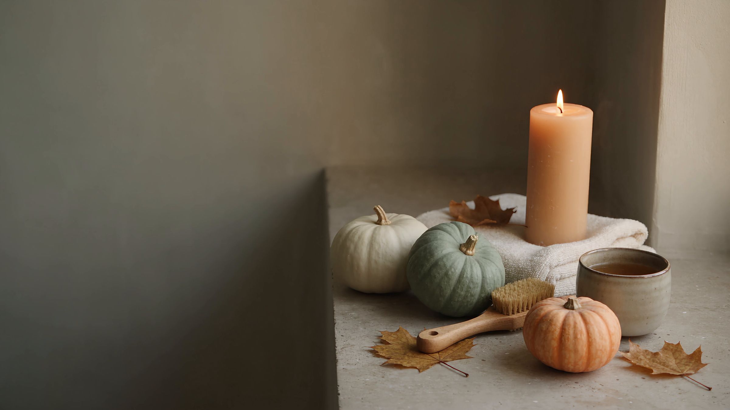 Small pumpkins, a dry brush, a folded towel, a cup of tea and a lit candle on a stone ledge